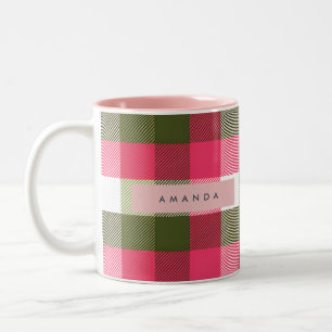 Personalized Festive Pink and Green Plaid Two-Tone Coffee Mug