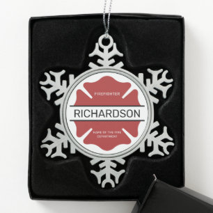 Personalized Firefighter Red Logo Symbol Snowflake Pewter Christmas Ornament