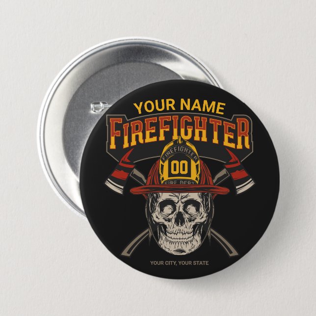 Personalized Fireman Skull Helmet Axe Firefighter  7.5 Cm Round Badge (Front & Back)