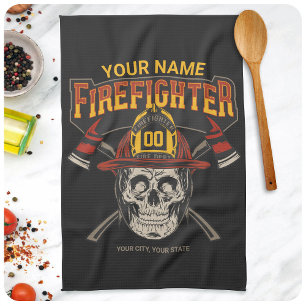 Personalized Fireman Skull Helmet Axe Firefighter  Tea Towel