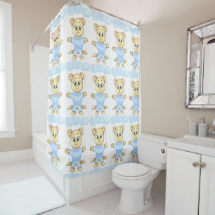 Personalized First Birthday Teddy Bear Boy Shower Curtain