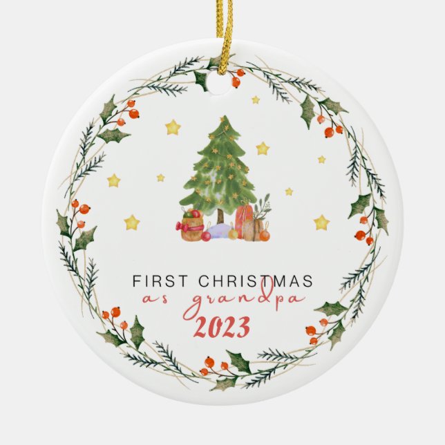 Personalized First Christmas as Grandpa Ceramic Tree Decoration (Front)