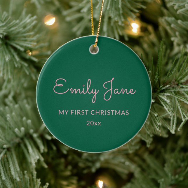 Personalized First Christmas Baby Photo Name Green Ceramic Tree Decoration (Tree)