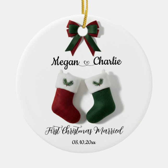 Personalized First Christmas Married Stockings Ceramic Tree Decoration (Front)