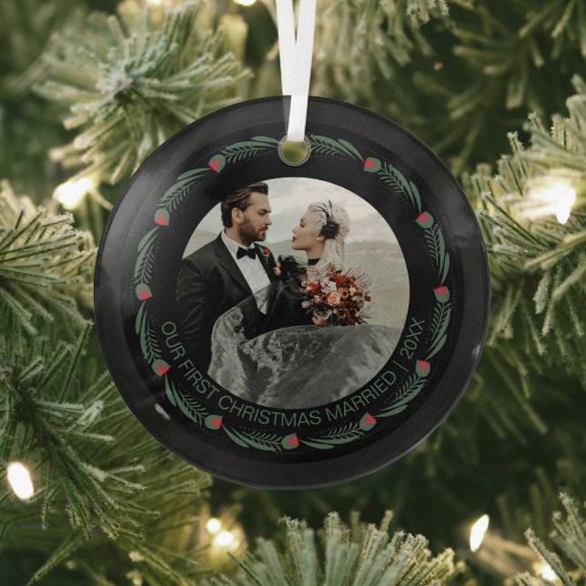 Personalized First Married Christmas Photo  Glass Tree Decoration (Insitu)