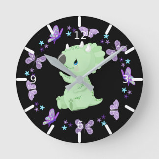 Personalized Floral Baby Triceratops & Butterflies Round Clock