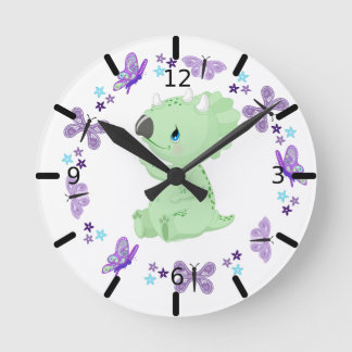 Personalized Floral Baby Triceratops & Butterflies Round Clock