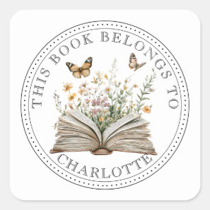 Personalized Floral Book Garden Square Sticker