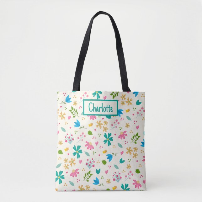Personalized Floral Custom Name Tote Bag (Front)