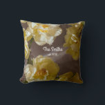 Personalized Floral Family Name with Yellow tulips Cushion<br><div class="desc">Elegant yellow flowers surround a customizable family name and date, creating a warm and timeless decorative pillow. The photograph is my own, captured with a focus on natural light, softness, and refined detail. A beautiful personalized gift for weddings, anniversaries, housewarmings, or meaningful home décor. You can also put a short...</div>