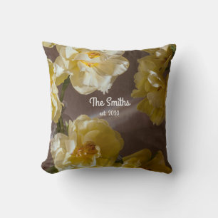 Personalized Floral Family Name with Yellow tulips Cushion