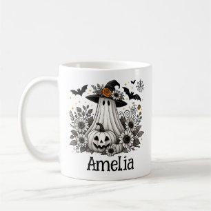 Personalized Floral Ghost Halloween Spooky Pumpkin Coffee Mug