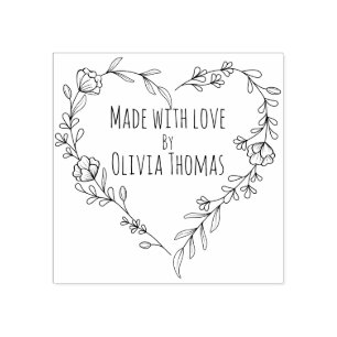 Personalized Floral Heart Wreath 'Made With Love'  Rubber Stamp
