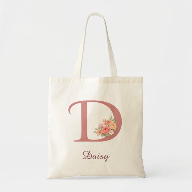 Personalized Floral Letter D Monogram Tote Bag (Front)