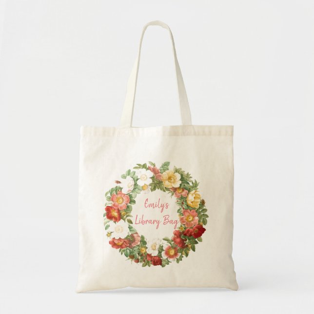 Personalized Floral Library Tote Bag (Front)