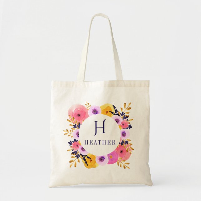 Personalized Floral Monogram and Name Tote Bag (Front)