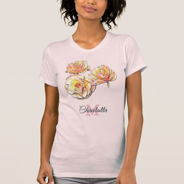 Personalized Floral Monogram Hand Drawn Roses Art T-Shirt (Front)