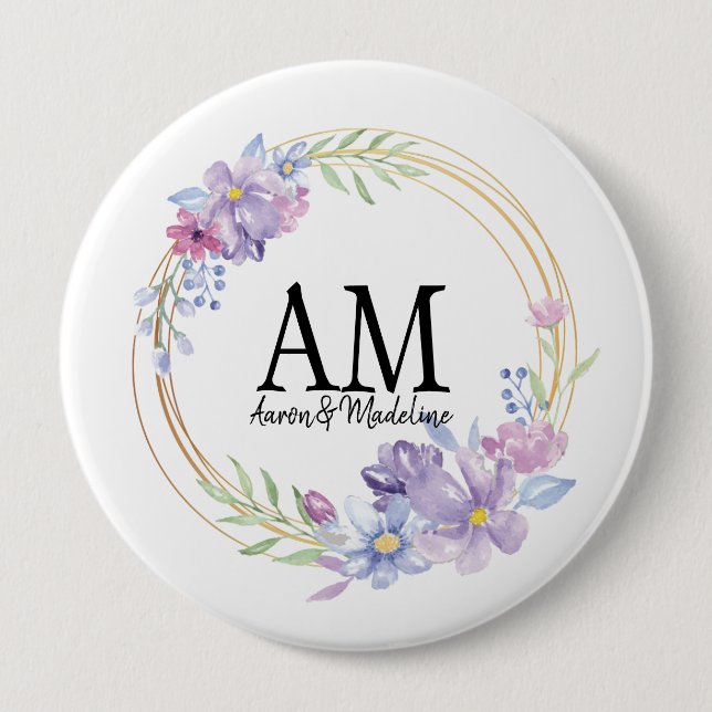 Personalized Floral Monogram Lilac Bouquet 10 Cm Round Badge (Front)