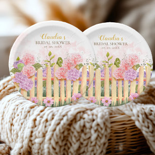 Personalized Floral Picket Fence Hydrangea Bridal Paper Plate