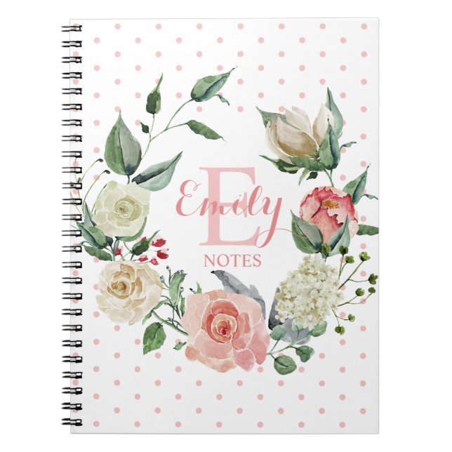 Personalized Floral Pink Rose Girl Monogram Name Notebook (Front)