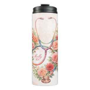 Personalized Floral Pink Rose Stethoscope  Thermal Tumbler