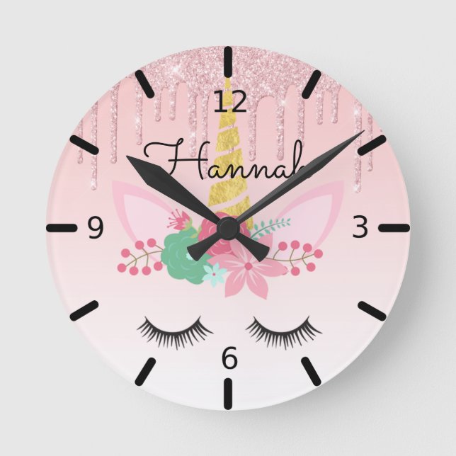 Personalized Floral Sleeping Unicorn Round Clock (Front)