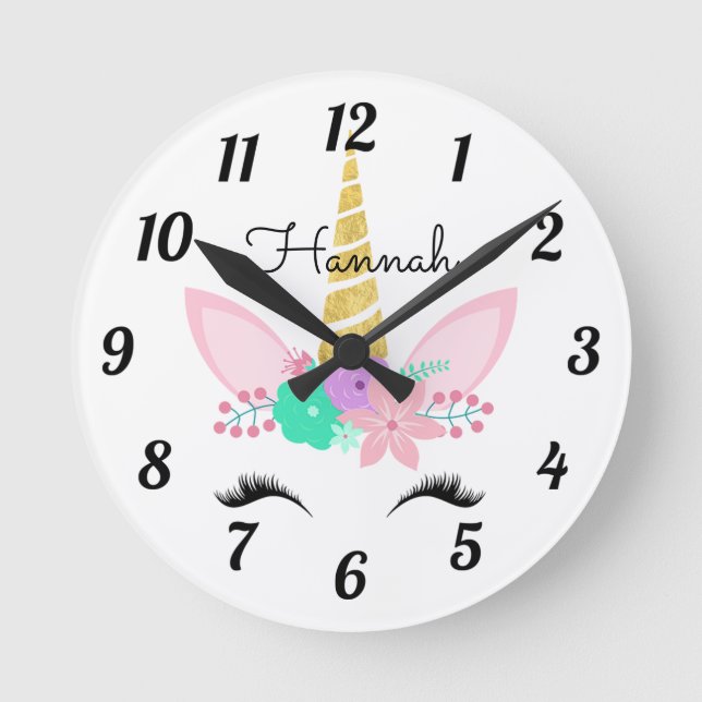 Personalized Floral Smiling Unicorn Round Clock (Front)