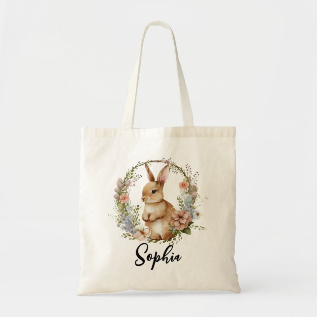 Personalized Floral Wreath Easter Bunny Egg Hunt Tote Bag (Front)
