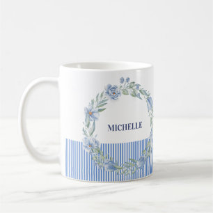Personalized Floral Wreath Mug with Navy Stripes