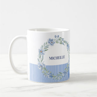 Personalized Floral Wreath Mug with Navy Stripes
