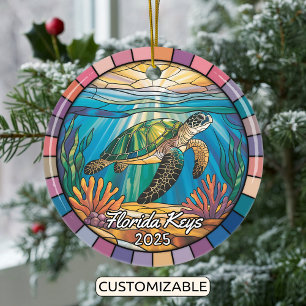 Personalized Florida Keys Ornament, Sea Turtle Ceramic Tree Decoration