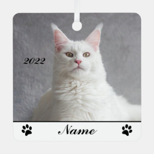 Personalized Fluffy White Maine Coon Cat Metal Tree Decoration
