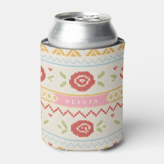 Personalized Folk Nordic Boho Floral Pattern Can Cooler