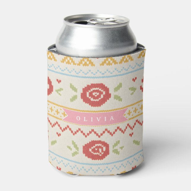 Personalized Folk Nordic Boho Floral Pattern Can Cooler (Can Front)