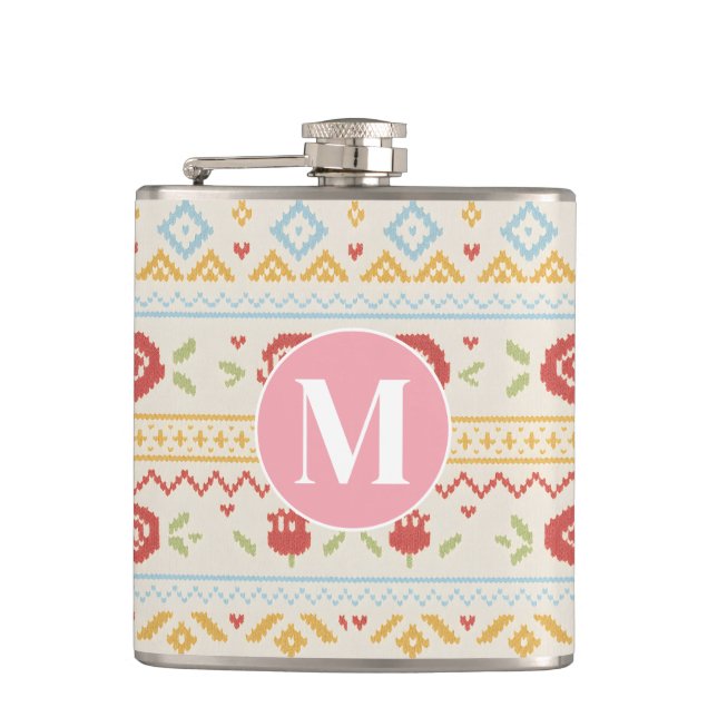 Personalized Folk Nordic Boho Floral Pattern Hip Flask (Front)