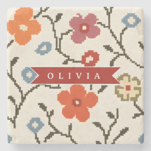 Personalized Folk Scandi Boho Vintage Floral  Stone Coaster