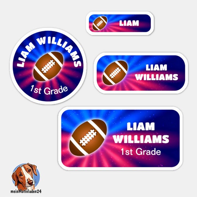 Personalized Football Name Labels Set – Blue Red (24 verschiedene Namensaufkleber für Kinder - Motiv: American Football - blau rot)