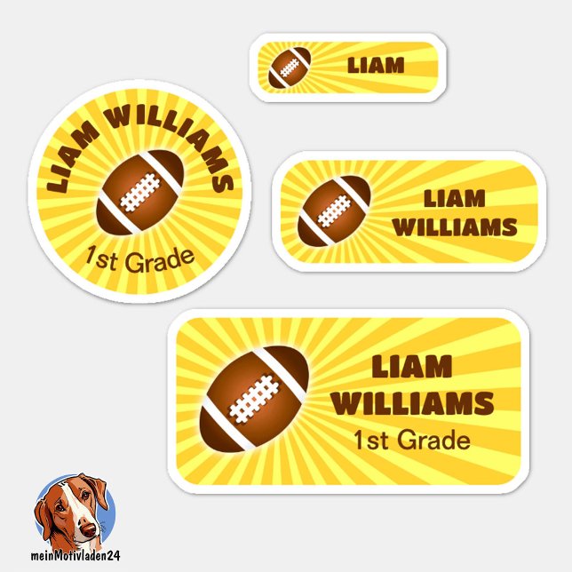 Personalized Football Name Labels Set – Yellow (24 verschiedene Namensaufkleber für Kinder - Motiv: American Football - gelb)