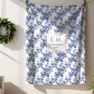 Personalized French Toile Floral Blue Blanket Gift