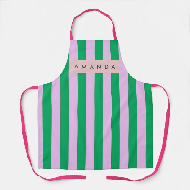 Personalized Fresh Green and Pink Striped Retro Apron (Front)