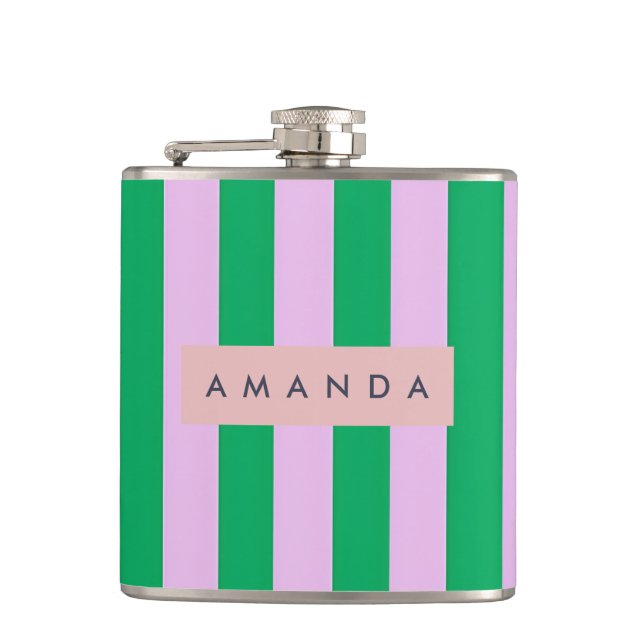 Personalized Fresh Green and Pink Striped Retro Hip Flask (Front)