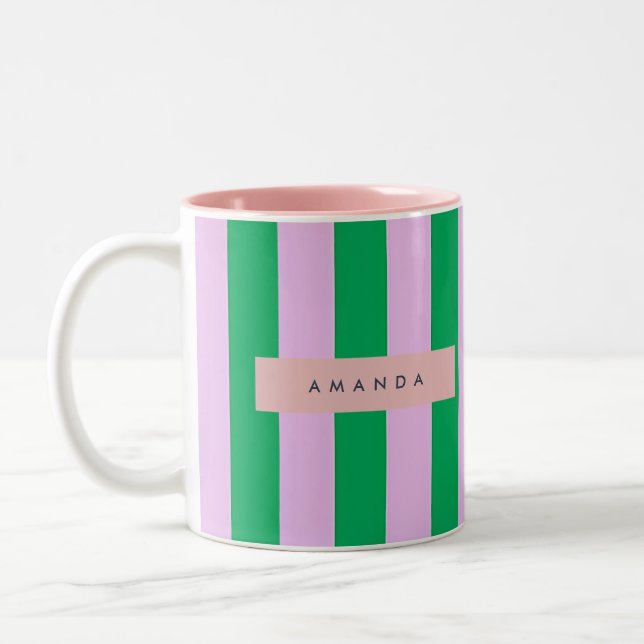 Personalized Fresh Green and Pink Striped Retro Two-Tone Coffee Mug (Left)