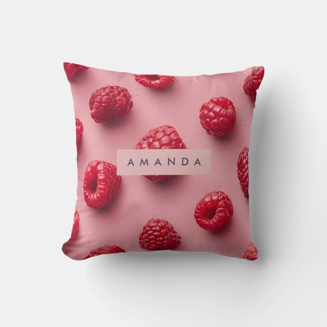 Personalized Fresh Raspberry Pattern on Pink Cushion (Front)