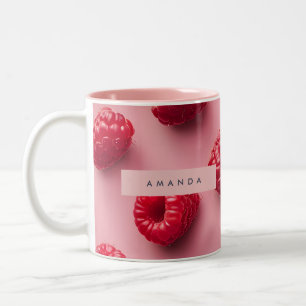 Personalized Fresh Raspberry Pattern on Pink Two-Tone Coffee Mug