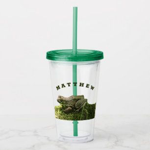Personalized Frog on a Mossy Rock Photo Green Acrylic Tumbler