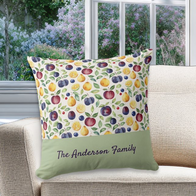 Personalized Fruits and Leaves Pattern Cushion (A stylish throw pillow with custom family name, with fruits and leaves pattern)