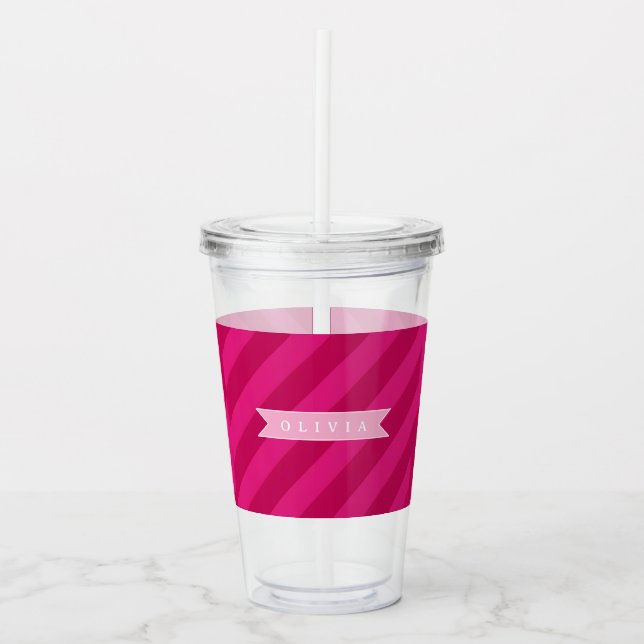 Personalized Fun Cute Modern Pink Stripe Acrylic Tumbler (Front)