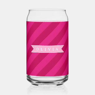 Personalized Fun Cute Modern Pink Stripe Can Glass