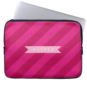Personalized Fun Cute Modern Pink Stripe Laptop Sleeve