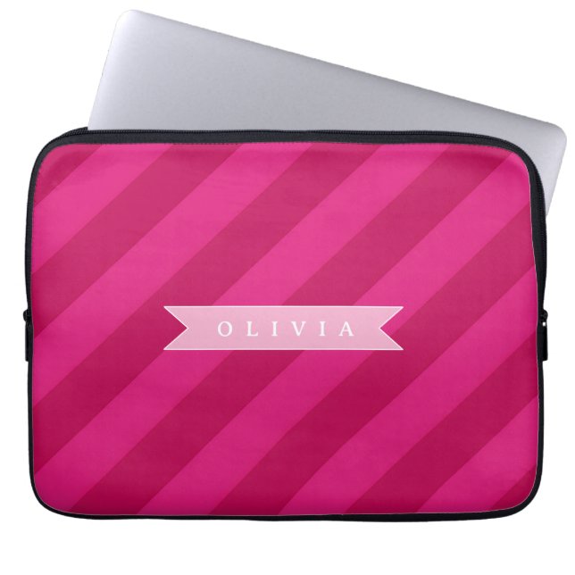 Personalized Fun Cute Modern Pink Stripe Laptop Sleeve (Front)